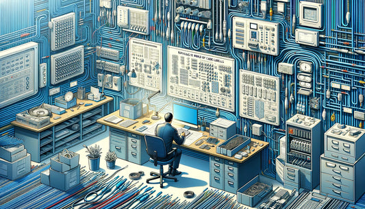 An electrical engineer sits at a meticulously organised workstation surrounded by neatly arranged cables.