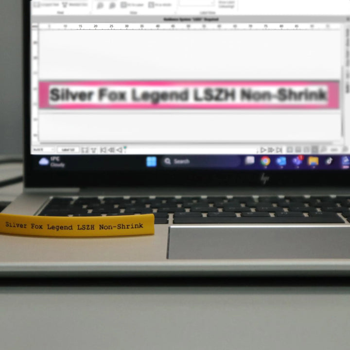 A laptop displays label design software reading “Silver Fox Legend LSZH Non-Shrink,” with a matching yellow printed label resting on the keyboard area.
