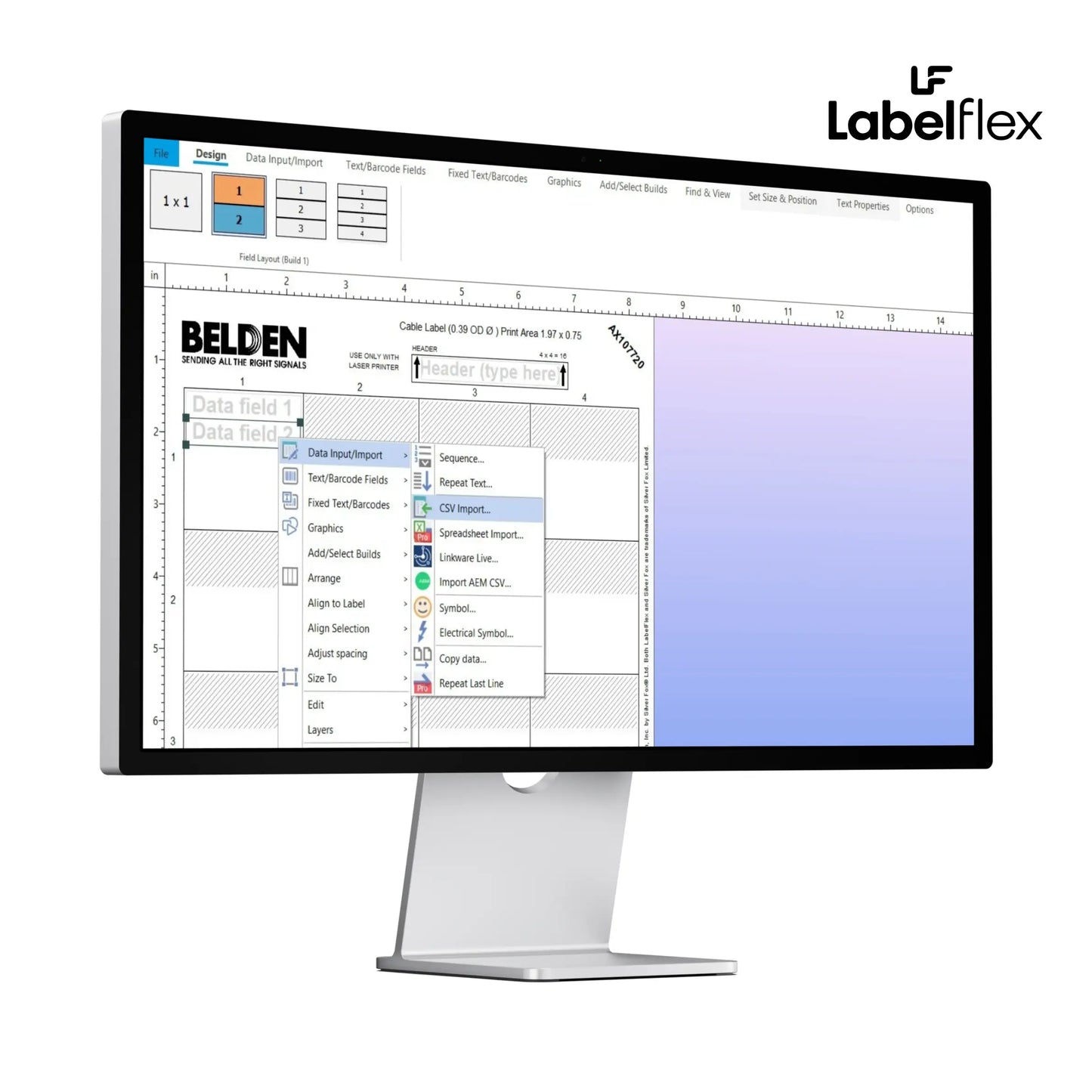 Computer monitor displaying LabelFlex software with Belden branding on a white background