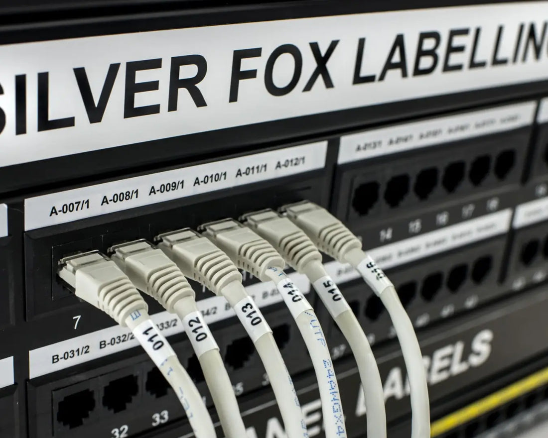 Close-up of a labelled network patch panel with rows of Ethernet ports and white identification strips, with a red network cable plugged into one port in the foreground.