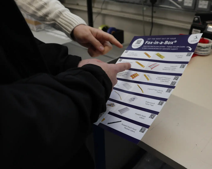 Two people point at a “Fox-in-a-Box” product guide sheet with QR codes and label examples on a workbench.