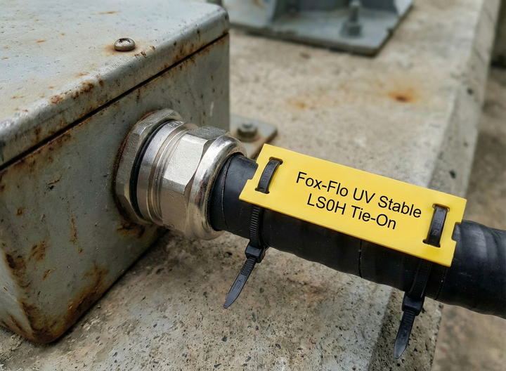 A yellow Fox-Flo UV Stable LSOH tie-on label is fastened with black zip ties around a thick black cable where it enters a metal junction box through a shiny cable gland, on a concrete surface.