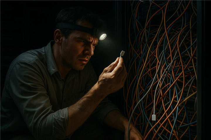 A technician wearing a headlamp crouches beside a server cabinet packed with tangled network cables, carefully examining a small connector in his hand in the dim light.