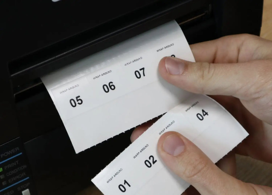 Hands pull a strip of numbered wrap-around labels from a label printer.