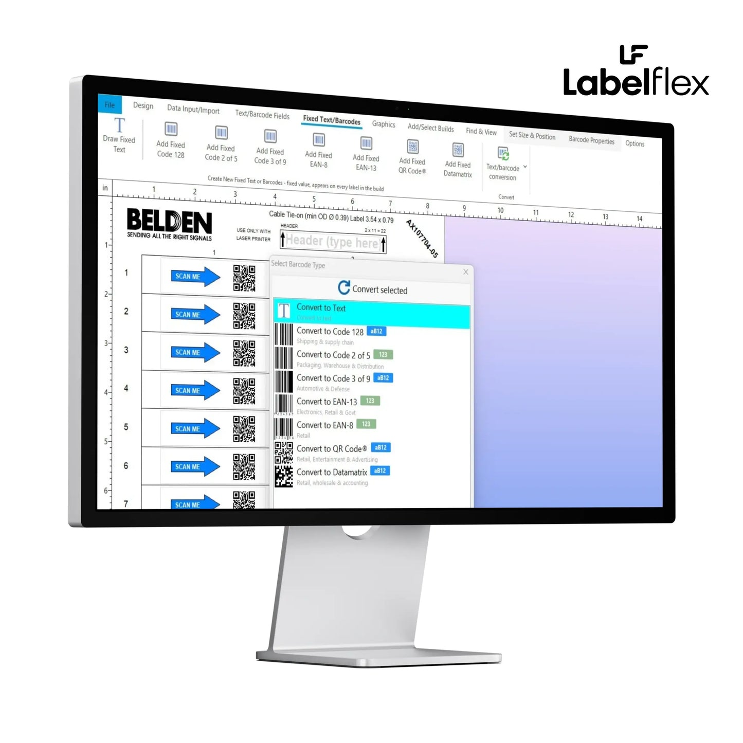 Computer monitor displaying LabelFlex software with Belden branding on a white background