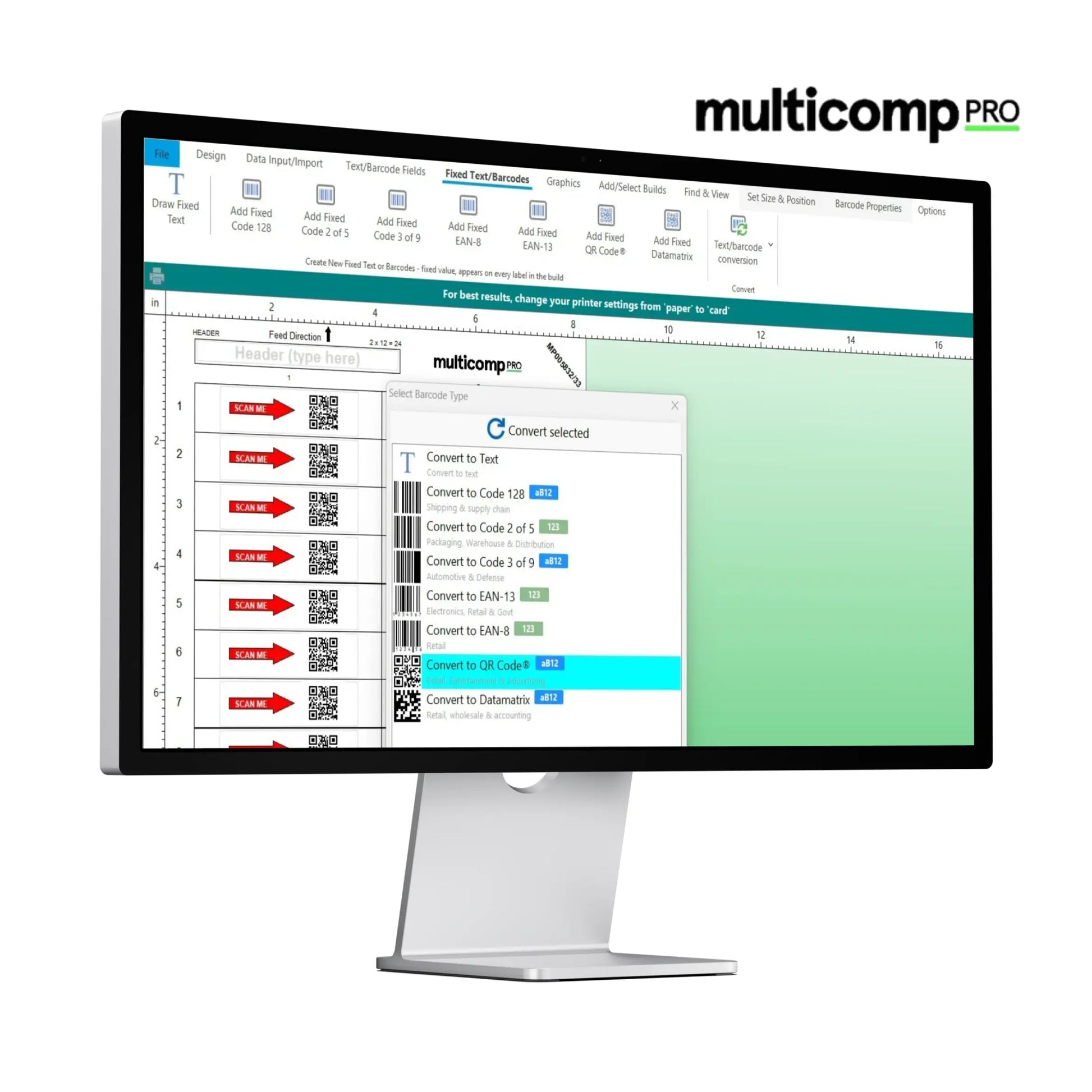 Computer monitor displaying software interface with 'multicomp pro' branding.