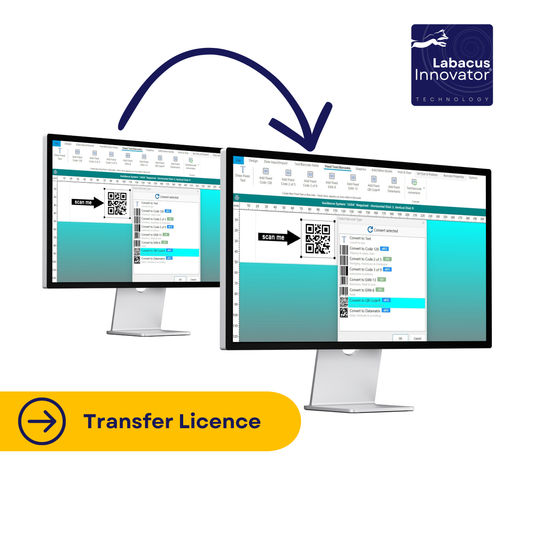 Two computer monitors displaying software interface with Labacus Innovator logo and 'Transfer Licence' text.
