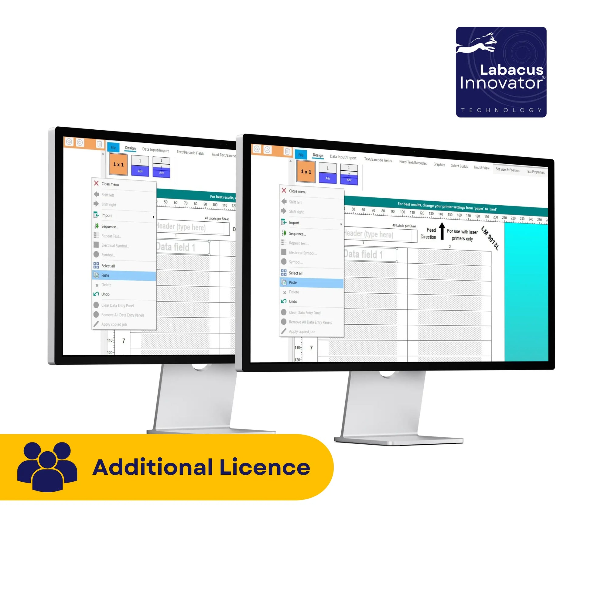 Two computer monitors displaying software interfaces with Labacus Innovator branding and an additional licence badge.