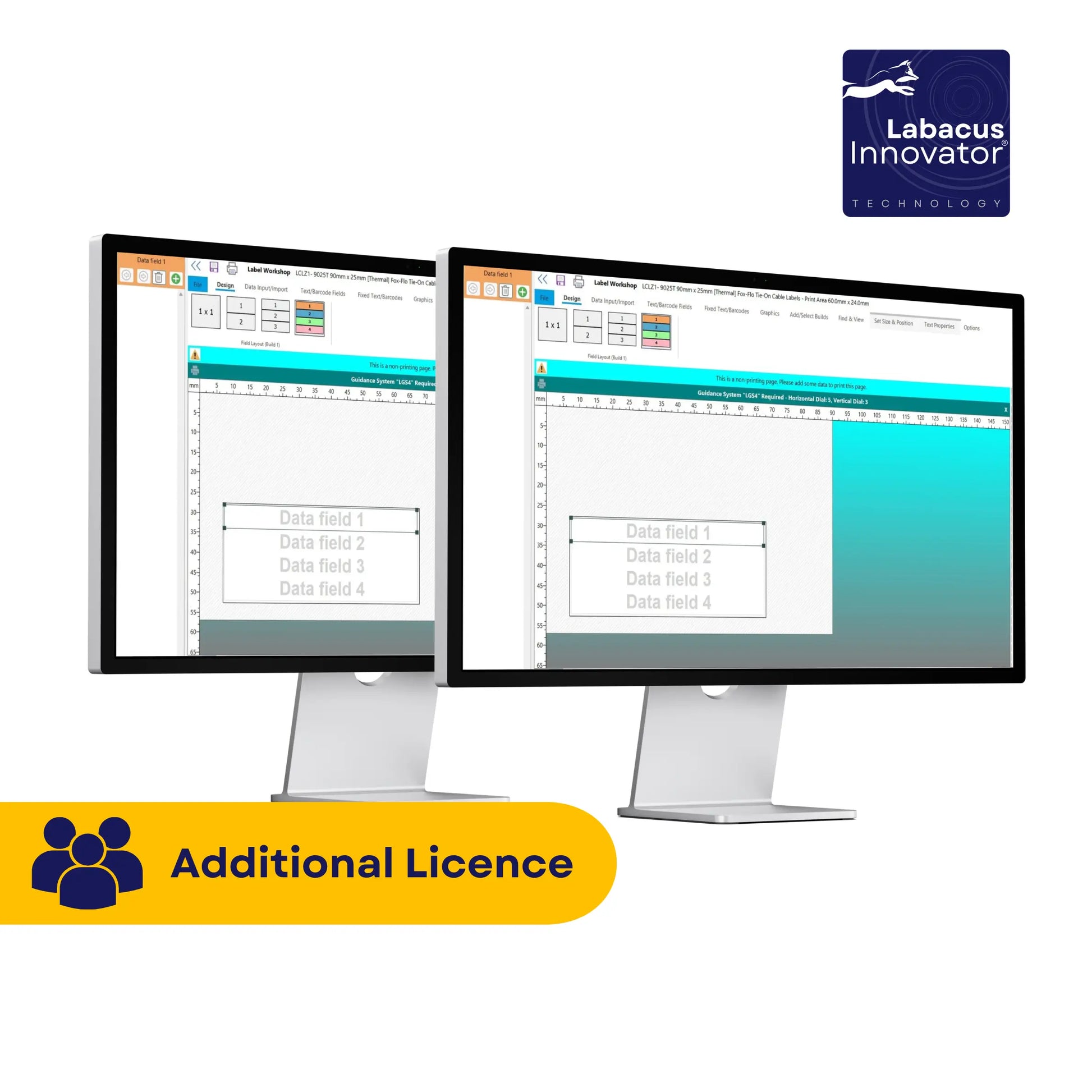Two computer monitors displaying software interface with Labacus Innovator logo and 'Additional Licence' text.