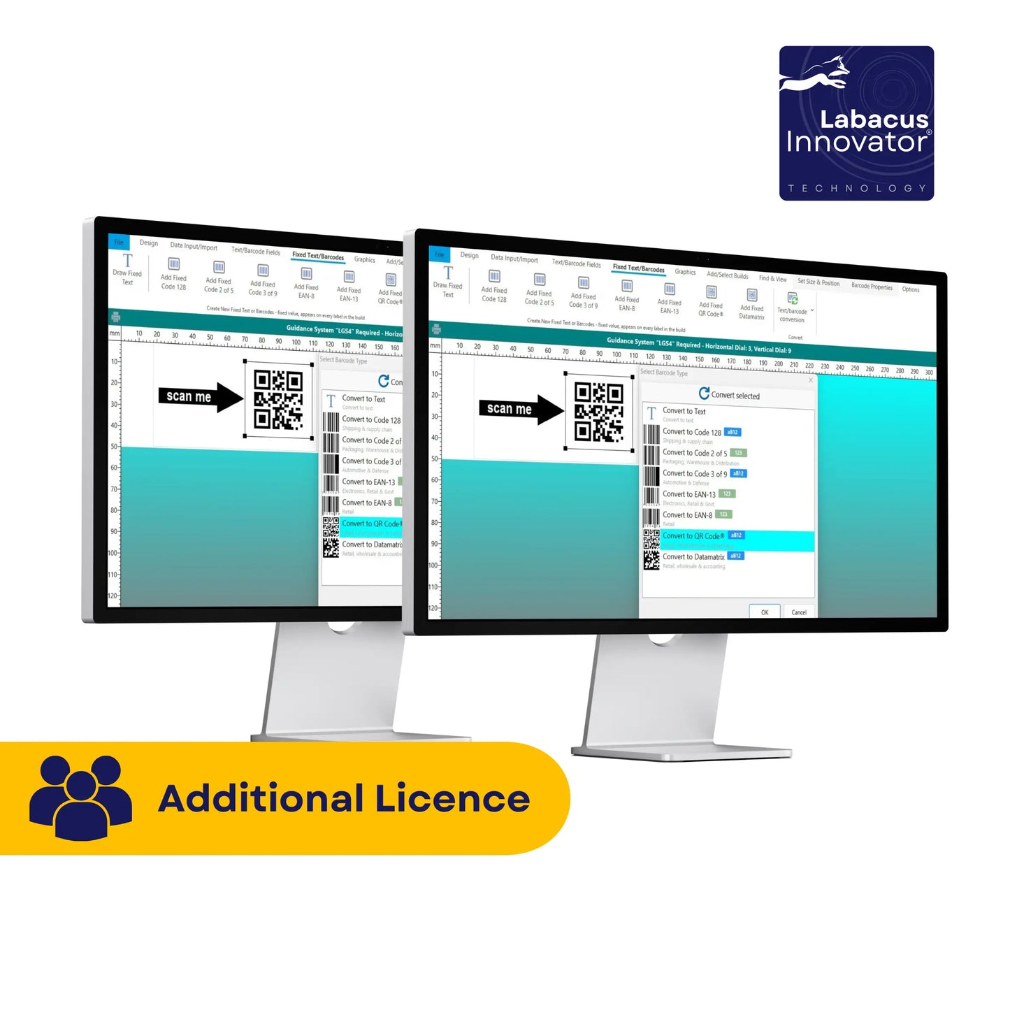 Two computer monitors displaying software interface with Labacus Innovator logo and 'Additional Licence' text.