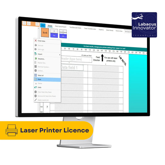 Computer monitor displaying software interface with Labacus Innovator logo and 'Laser Printer Licence' text.